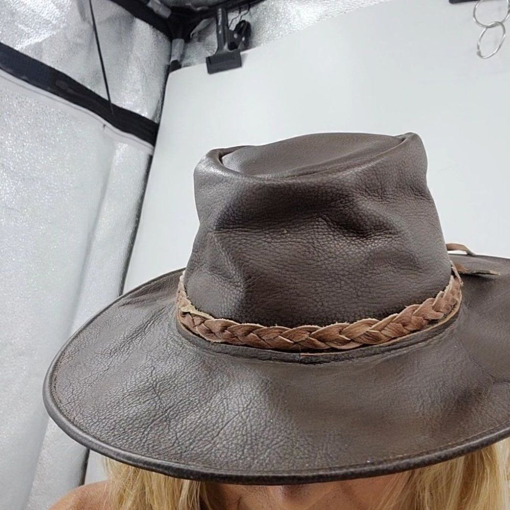 Vtg Men's Hat Cowboy Safari Rodeo Unisex Brown Distress Leather‎ Braided Band S - Picture 1 of 7